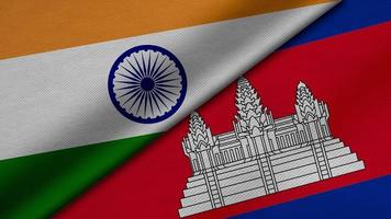 Rendering 3d di due bandiere dell'india e del regno di cambogia insieme a trama del tessuto, relazioni bilaterali, pace e conflitto tra paesi, ottimo per lo sfondo foto