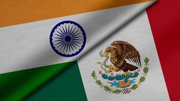 Rendering 3d di due bandiere dell'India e degli stati messicani uniti insieme a trama del tessuto, relazioni bilaterali, pace e conflitto tra paesi, ottimo per lo sfondo foto