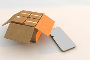 scatole di cartone e smartphone. rendering 3d foto