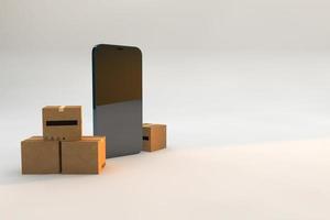 shopping online dal tuo smartphone e concetto di scatole di cartone, rendering 3d foto