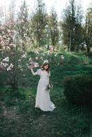 ragazza molto bella la sposa sotto un velo, abito da sposa beige vicino all'albero sakura sta guardando in basso, la natura foto