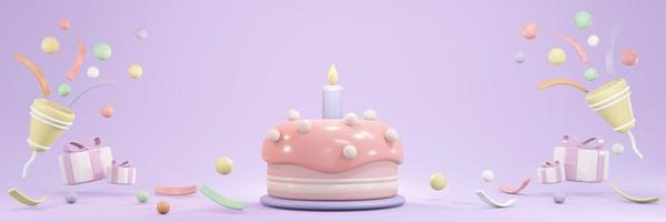 Rendering 3d di torta di compleanno con candela e festa popper popping coriandoli in tema pastello concetto di banner festa di compleanno. illustrazione di rendering 3d. foto