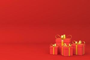 sfondo regalo sulla parete rossa 3d rendering per biglietto di auguri. foto gratis