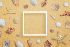 cornice quadrata in carta bianca sulla spiaggia circondata da conchiglie. composizione creativa con copia spazio nel mezzo foto