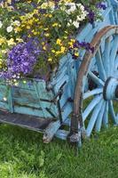 antico carro di legno convertito in pittoresco vaso di fiori foto