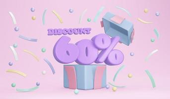 banner di sconto del 60 percento. Rendering 3d dell'esplosione della confezione regalo aperta che mostra la percentuale di sconto e i coriandoli sullo sfondo. rendering 3d. illustrazione 3d. foto