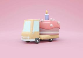 Rendering 3d di un camion con una grande torta in tema pastello concetto di servizio di consegna della torta del giorno di nascita. illustrazione di rendering 3d. foto