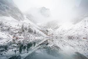 vista sulle montagne innevate e sul lago foto