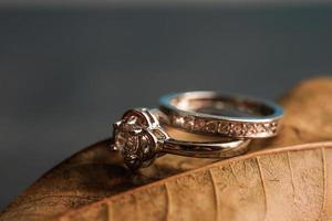 primo piano di un anello di fidanzamento con diamante posto su una foglia. concetto di amore e matrimonio. foto