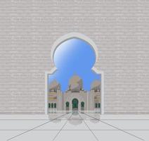 design piatto moschea musulmana con punto di riferimento islamico dei cartoni animati foto