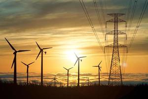 le sagome delle turbine eoliche vengono utilizzate per generare elettricità nei campi durante le ore serali. foto