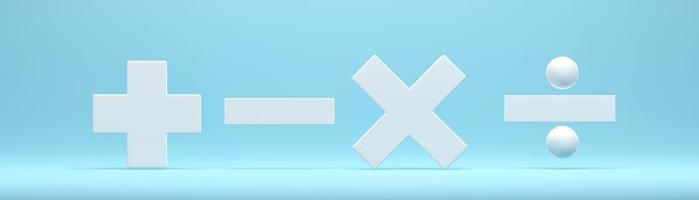 rendering 3d, illustrazione 3d. icona di semplici simboli matematici su sfondo blu. minimal moderno per il design foto
