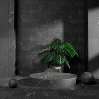 Progettazione 3d minima del palco del podio in un ambiente interno scuro con struttura in marmo e piante foto