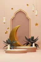 Immagine di rendering 3d di ramadan e eid fitr adha mubarak tema saluto sfondo con oggetti di decorazione islamica foto