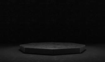 podio ottagonale in cemento nero e cemento con riflettori e sfondo scuro della parete del grunge. astratto e oggetto per il concetto di pubblicità. rendering di illustrazioni 3d foto
