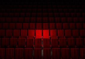 file di sedili in velluto rosso che guardano film al cinema con solo due riflettori sullo sfondo del sedile deluxe. concetto di intrattenimento e teatro. rendering di illustrazioni 3d foto