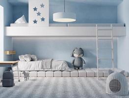 letto a castello da incasso per bambini o camerette in colore blu pastello e sfondo bianco. concetto di educazione e architettura d'interni. rendering di illustrazioni 3d foto