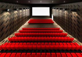 schermo cinematografico bianco bianco luminoso cinematografico con file rosse realistiche di sedili e sedie con sfondo vuoto dello spazio della copia. prima del film e concetto di intrattenimento. rendering di illustrazioni 3d foto