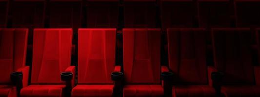 file di sedili in velluto rosso che guardano film al cinema con solo due riflettori sullo sfondo del sedile deluxe. concetto di intrattenimento e teatro. rendering di illustrazioni 3d