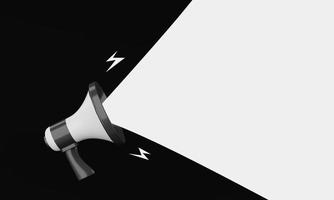 megafono in bianco e nero che annuncia un messaggio di spazio vuoto vuoto bianco su sfondo nero. concetto di business e marketing. rendering di illustrazioni 3d foto