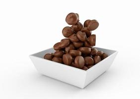 gocce di cioccolato che cadono ripieno su una ciotola quadrata isolata su sfondo bianco illustrazione 3d foto