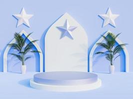 3d rendering podio blu con una presentazione del prodotto per il ramadan religioso musulmano e lo sfondo del festival eid foto