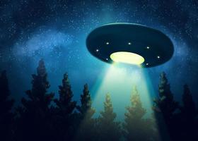 ufo è in bilico sopra gli alberi. mix di rendering 3d di pittura digitale foto