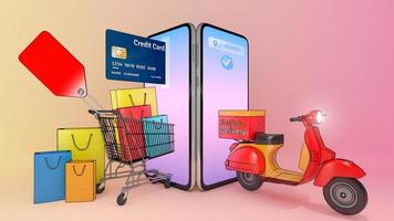 borse della spesa in carta colorata e carta di credito in un carrello con scooter sono apparse dallo schermo dello smartphone.,concetto di servizio di consegna veloce e shopping online.,illustrazione 3d con percorso di ritaglio oggetto. foto