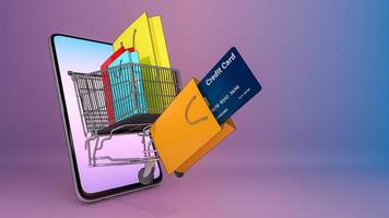 carrello della spesa espulso da un telefono cellulare con molte borse della spesa e carte di credito.,applicazione mobile online servizio di trasporto ordini e shopping online e concetto di consegna.,rendering 3d. foto