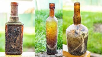 bottiglia di vetro vetreria vintage, bottiglie vino vuoto stoviglie sporche copia spazio foto