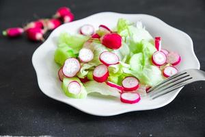 insalata ravanello cetriolo vegetale, foglia di lattuga fresco pasto sano cibo spuntino sul tavolo copia spazio foto