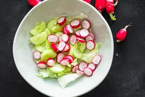 insalata ravanello cetriolo vegetale, foglia di lattuga fresco pasto sano cibo spuntino sul tavolo copia spazio foto