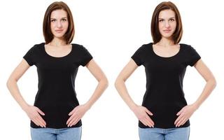 t-shirt design e concetto di persone - primo piano di giovane donna in camicia bianca maglietta nera isolata foto