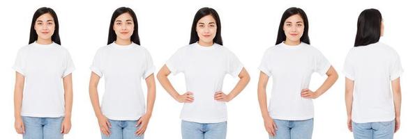 diverse donne asiatiche e coreane in t-shirt bianca isolata, t-shirt da ragazza cinese, viste anteriori posteriori foto