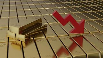 lingotti d'oro da investimento in oro con la freccia in giù che mostra l'illustrazione di rendering 3d del prezzo dell'oro in calo foto