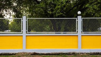 recinzione in muro di cemento giallo con giardino forestale. foto