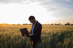 uomo d'affari in campi di grano estivi utilizzando tablet durante il tramonto, uomo in tuta con computer compatto foto