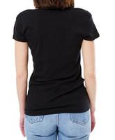 donna vista posteriore in t-shirt nera su sfondo bianco, vuoto foto