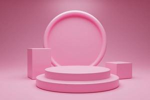 podio del concetto di colore rosa. rendering 3d realistico astratto podio o piedistallo vuoto rotondo e rettangolare con sfondo circolare. illustrazione del modello di visualizzazione del prodotto 3d foto