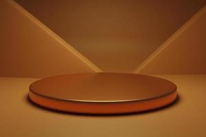Rendering 3d di lusso colore oro scuro concetto piedistallo vuoto di forma rotonda con parete astratta. podio di colore marrone in stile minimal per esposizione di prodotti di bellezza e moda. illustrazione del modello 3d foto