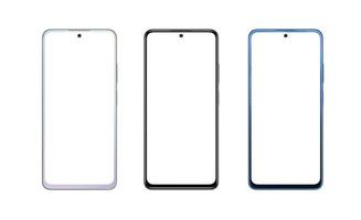 smartphone moderni in tre colori bianco perla, nero e blu perla. schermo e sfondo isolati per mockup foto