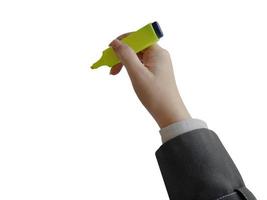mano femminile isolata che tiene un pennarello di colore giallo, per l'elemento di presentazione foto