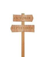 segno di legno alfabeto settembre e ottobre isolati su sfondo bianco. oggetto con tracciato di ritaglio. foto