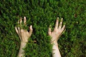 le mani della donna sul bellissimo muschio verde nella foresta primaverile foto