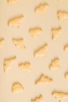 modello di biscotti a forma di vista dall'alto di dinosauri su sfondo beige. foto monocromatica