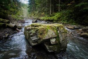 fiume di montagna con sfondo di pietre, foresta e rocce foto