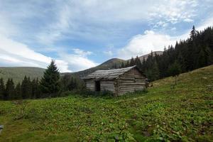 vecchia casa di legno in montagna, casa nella foresta foto