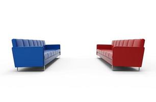 divano rosso e blu estremamente lungo isolato su sfondo bianco. rappresentazione 3d rappresentazione 3d foto