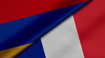 Rendering 3d di due bandiere della repubblica armena e della repubblica francese insieme a trama del tessuto, relazioni bilaterali, pace e conflitto tra paesi, ottimo per lo sfondo foto