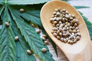 semi di marijuana su cucchiaio di legno e foglia di marijuana su fondo di legno - semi di cannabis canapa medica foto